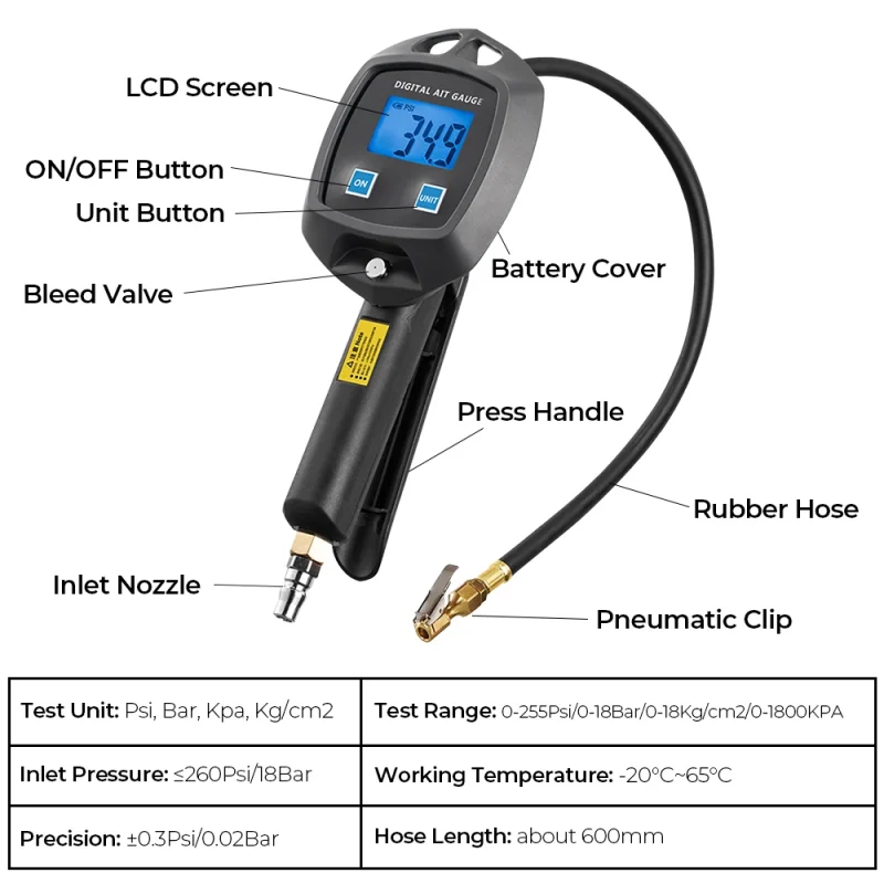 Pistolet de gonflage pour pneus avec manomètre numérique LCD