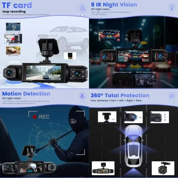 Dashcam 4 caméras 1080P à écran tactile 3,16"