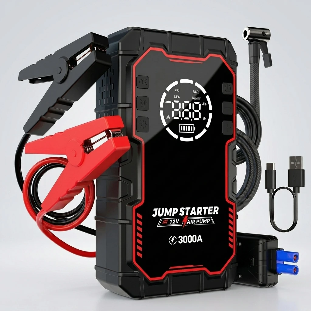 Booster de batterie 4 en 1 3000A 20000 mAh avec compresseur 150 PSI, powerbank et lampe LED